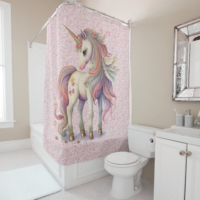 Unicorn Magische Regenbogenfarben Rosa Glitzer Duschvorhang (Beispiel)