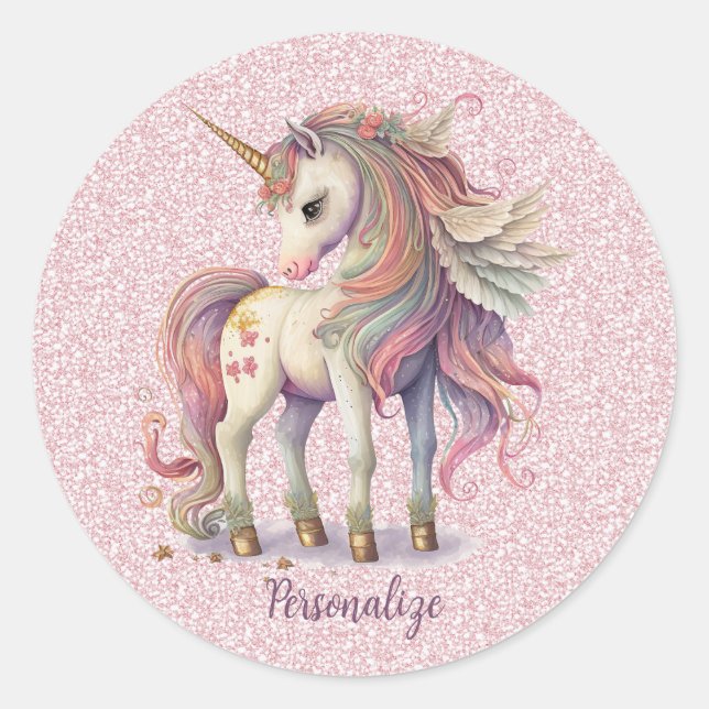 Unicorn Magische Regenbogenfarben Rosa Glitzer Runder Aufkleber (Vorderseite)