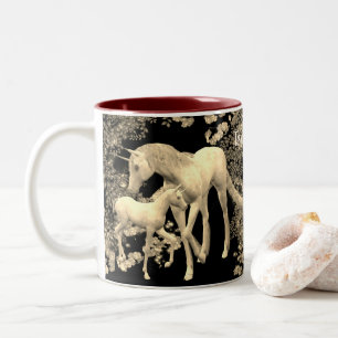 Unicorn Mare and Foal Sepia Fantasy Personalisiert Zweifarbige Tasse