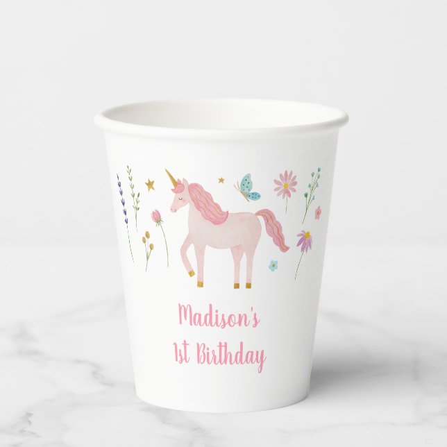 Unicorn Meadow Pastel Pink Gold Birthday Pappbecher (Vorderseite)