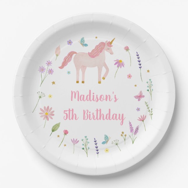 Unicorn Meadow Pastel Pink Purple Birthday Pappteller (Vorderseite)