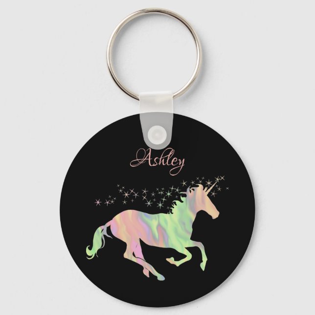 Unicorn mehrfarbige Sterne und Name Schlüsselanhänger (Vorderseite)