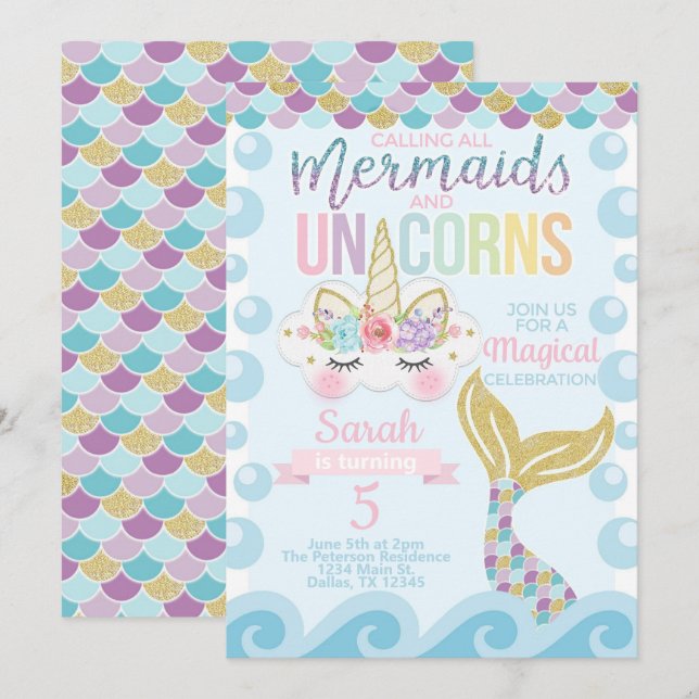 Unicorn Mermaid Invitation de l'invitation (Devant / Derrière)