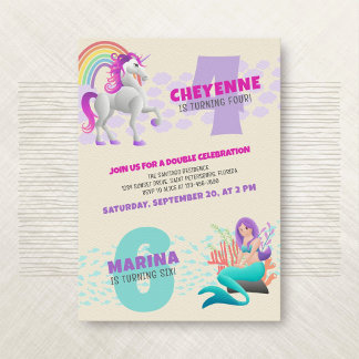 Unicorn Mermaid Joint Double Birthday Einladung