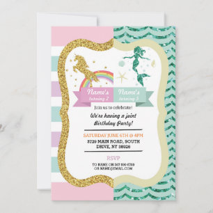Unicorn & Mermaid Joint Girls Twins Birthday Einladung