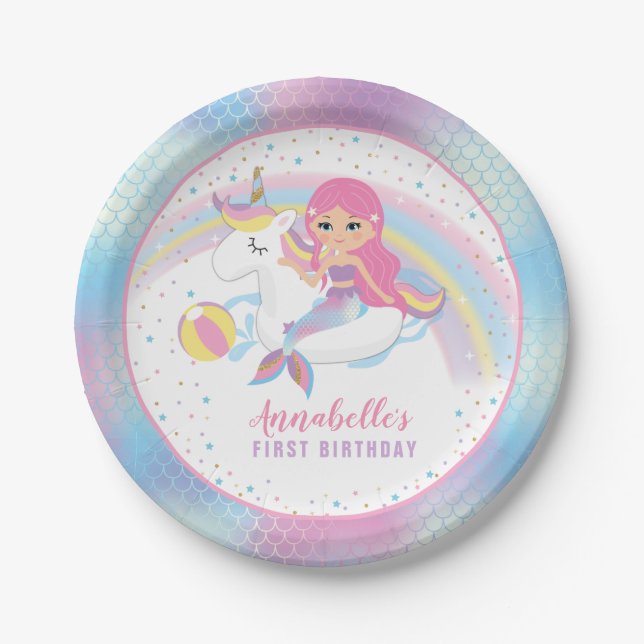 Unicorn Mermaid Pool Birthday Party Paper Plates Pappteller (Vorderseite)