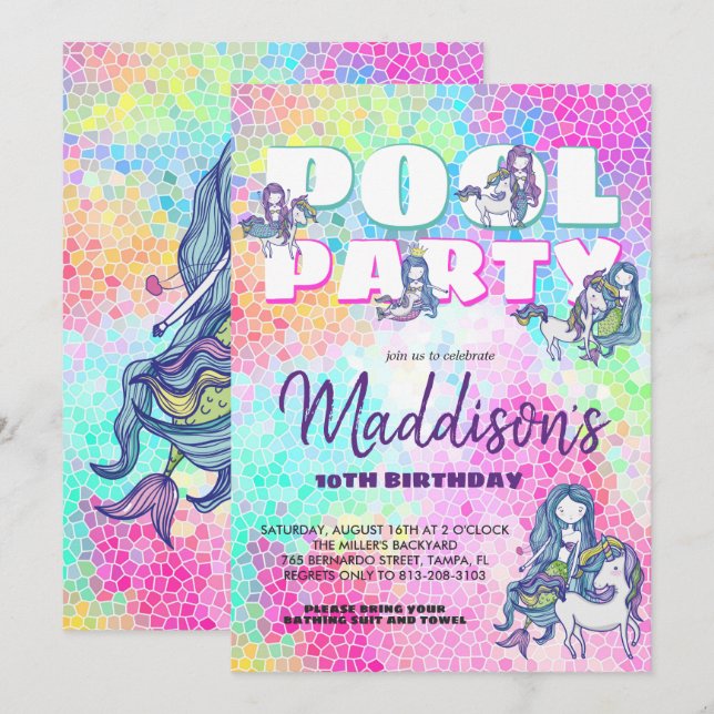 Unicorn & Mermaid Pool Party Einladung (Vorne/Hinten)