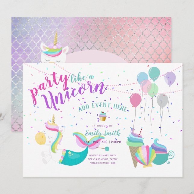 Unicorn Mermaid Princess Birthday Einladungen (Vorne/Hinten)