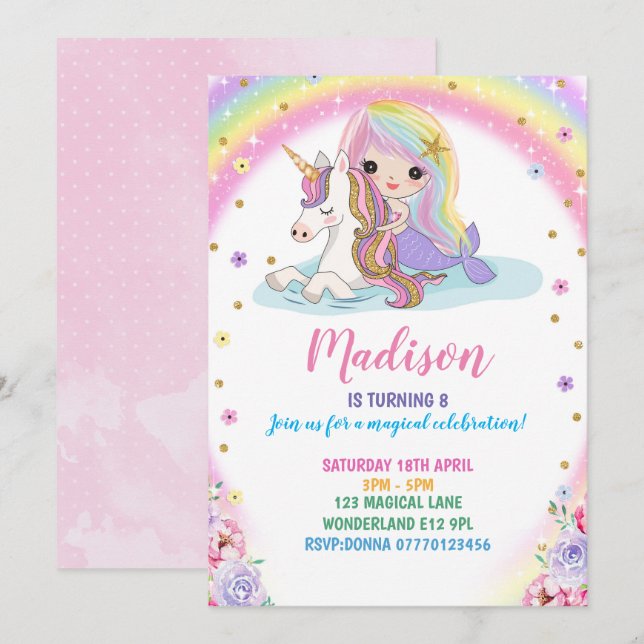 Unicorn Mermaid zum Geburtstag Einladung (Vorne/Hinten)