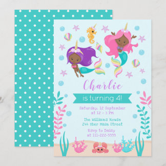 Unicorn Mermaids Birthday Dark Skin Tone Einladung