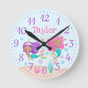 Unicorn Mermaids Kids Kinderzimmer Mittlere Hautfo Runde Wanduhr