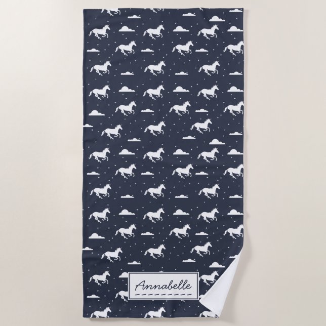 Unicorn Midnight Blue Sky Muster Personalisiert Strandtuch (Vorderseite)