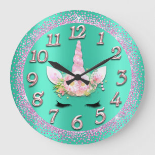 Unicorn Mint Gold Numbers Girly Glitter Spark Pink Große Wanduhr