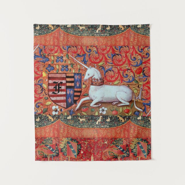 UNICORN, MITTELALTERLICHE FANTASIE-BLUMEN, WANDTEPPICH (Vorderseite)