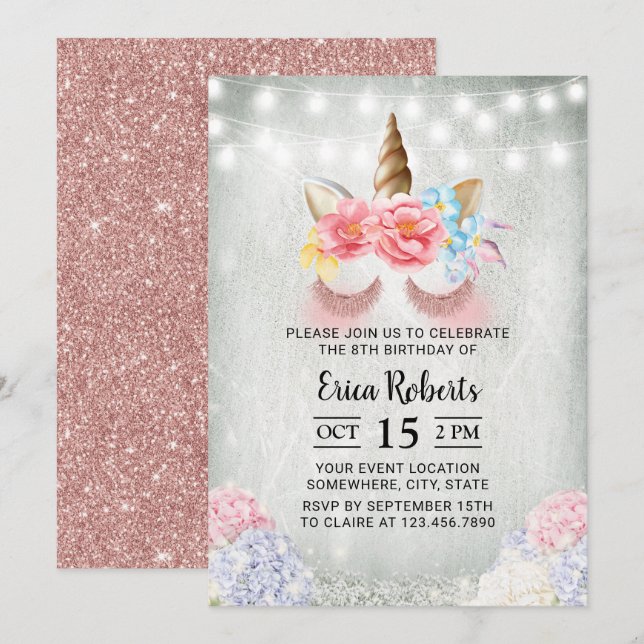 Unicorn Moderne Rose Gold Glitzer Magischer Geburt Einladung (Vorne/Hinten)