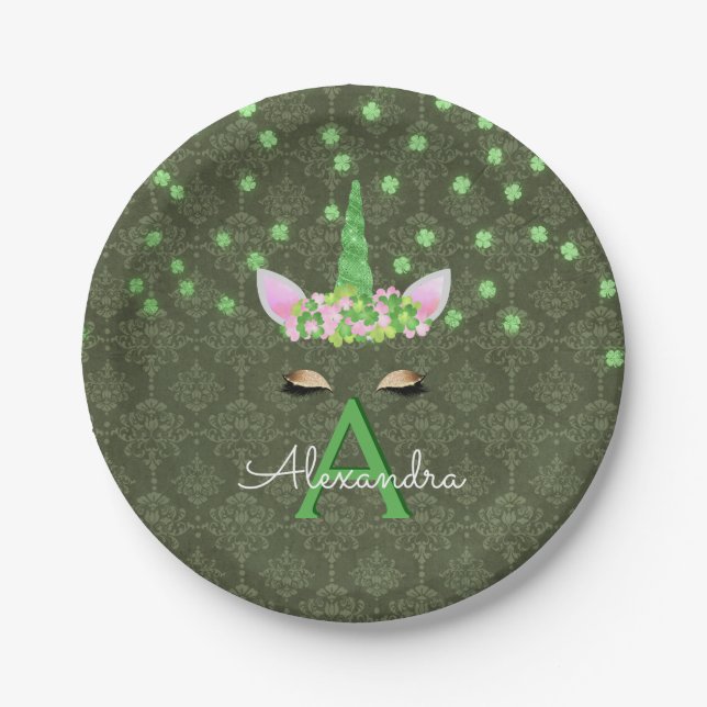 Unicorn Monogram Green St. Patrick's Day Pappteller (Vorderseite)