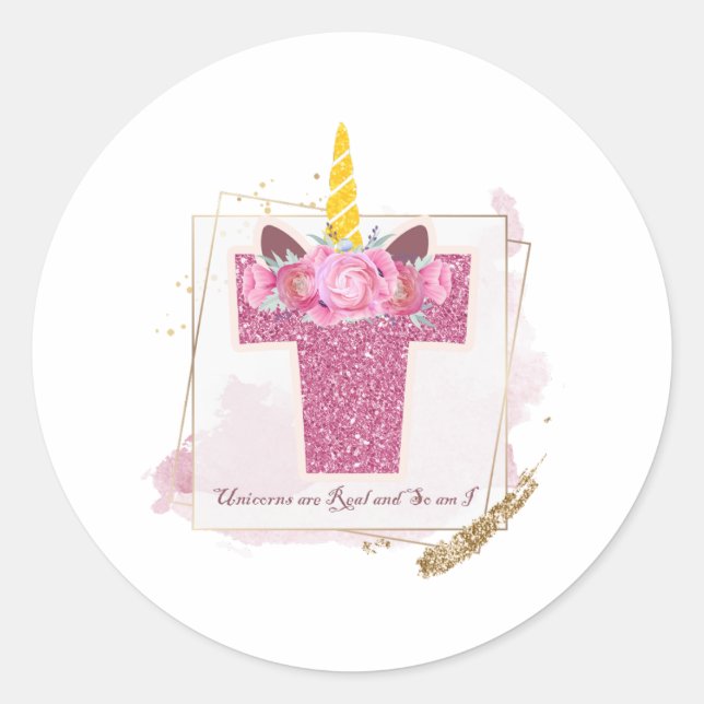 Unicorn Monogram T Custom Stickers (Vorderseite)