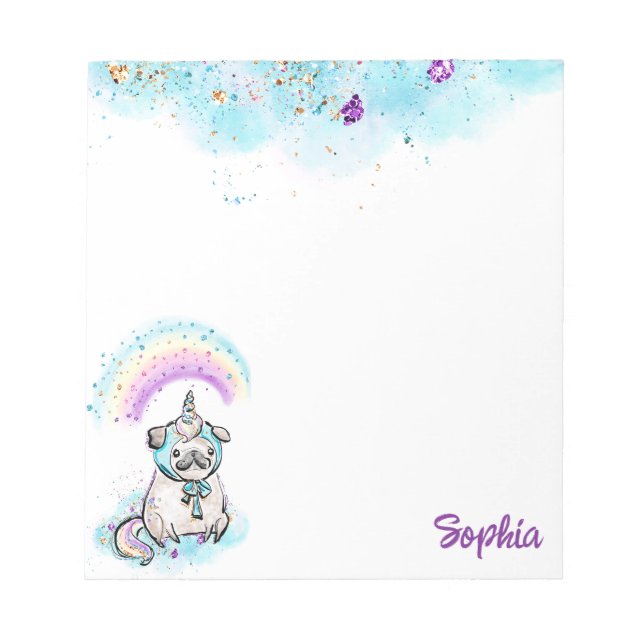 Unicorn Mops Magic Rainbows Dog Pink & Lila Notizblock (Vorderseite)