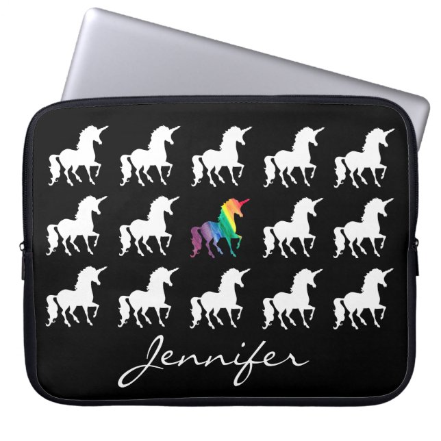Unicorn-Muster-personalisierte Schwarz-weiße Laptopschutzhülle (Vorderseite)