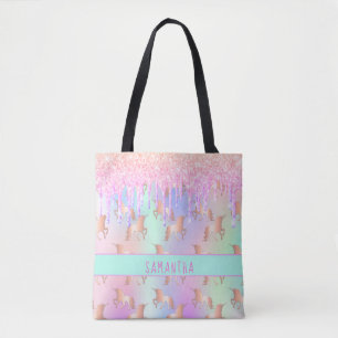 Unicorn Muster rosa Name Mädchen holografisch Tasche