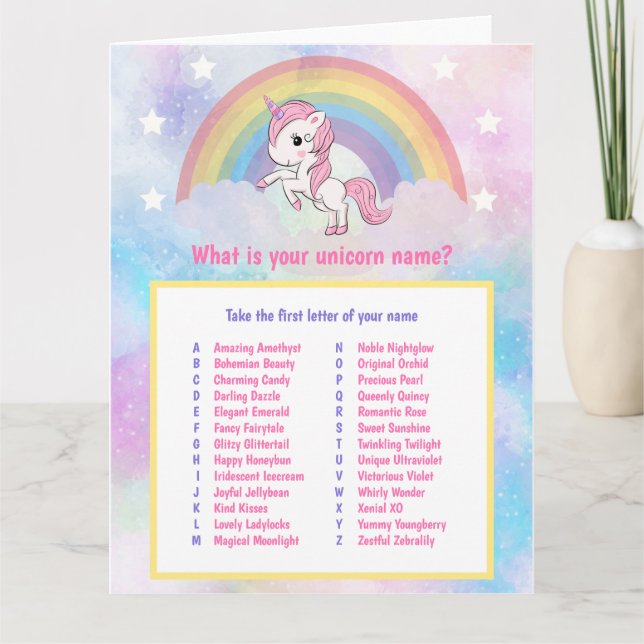 Unicorn Name Game Birthday Karte (Vorderseite)
