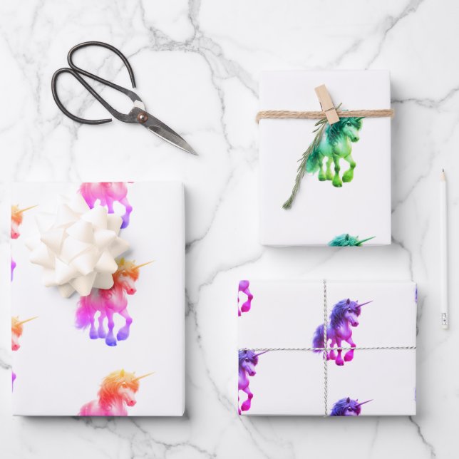 Unicorn Neon Wrapping Paper Flat Sheet Set of 3 Geschenkpapier Set (Vorderseite)