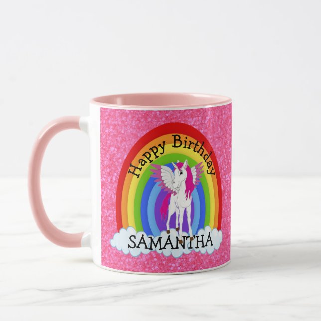 Unicorn Niedlich Happy BIRTHDAY Pink Glitzer Tasse (Links)
