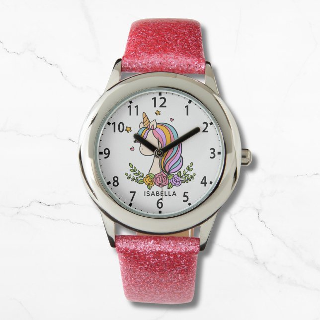 Unicorn Niedlich Whimsical Girly Pink Floral Girl' Armbanduhr (Von Creator hochgeladen)