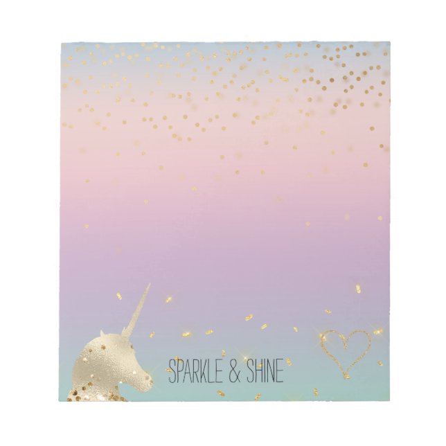 Unicorn Ombre Gold Confetti Glitzer Herz Notizblock (Vorderseite)