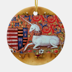 UNICORN PARCHMENT MIT RED RUBY GEMSTONE KERAMIKORNAMENT