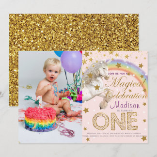 Unicorn Party Erstes Geburtstag Foto Gold Einladung