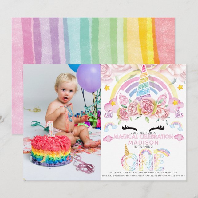 Unicorn Party Magical First Birthday Foto Einladung (Vorne/Hinten)