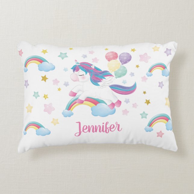 Unicorn Pastel Rainbow Personalisiert Name Niedlic Dekokissen (Vorderseite)