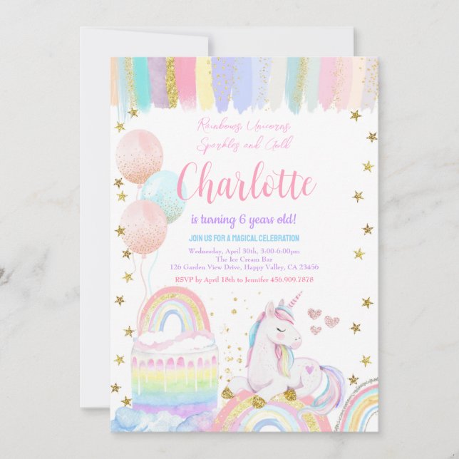Unicorn Pastel Rainbow Sparkle Einladung (Vorderseite)