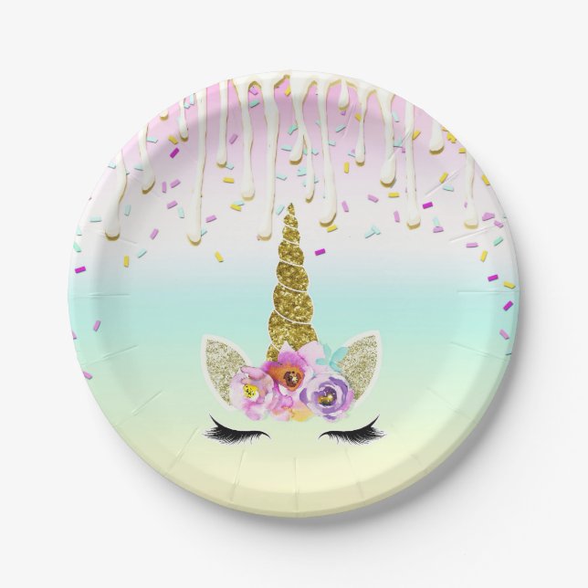 Unicorn Pastel Rainbow Zuckerguss Tropfen Geburtst Pappteller (Vorderseite)