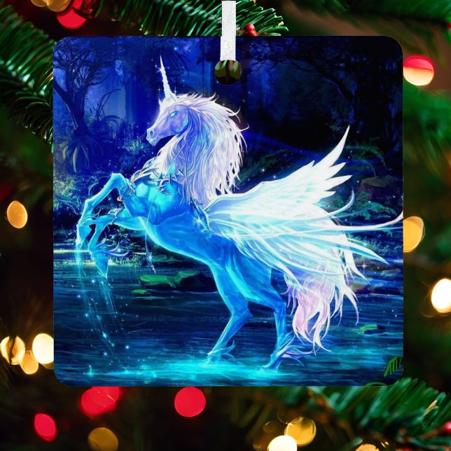 Unicorn Pegasus Blauer Mondlicht Weihnachtsbaum Ornament Aus Metall (Von Creator hochgeladen)