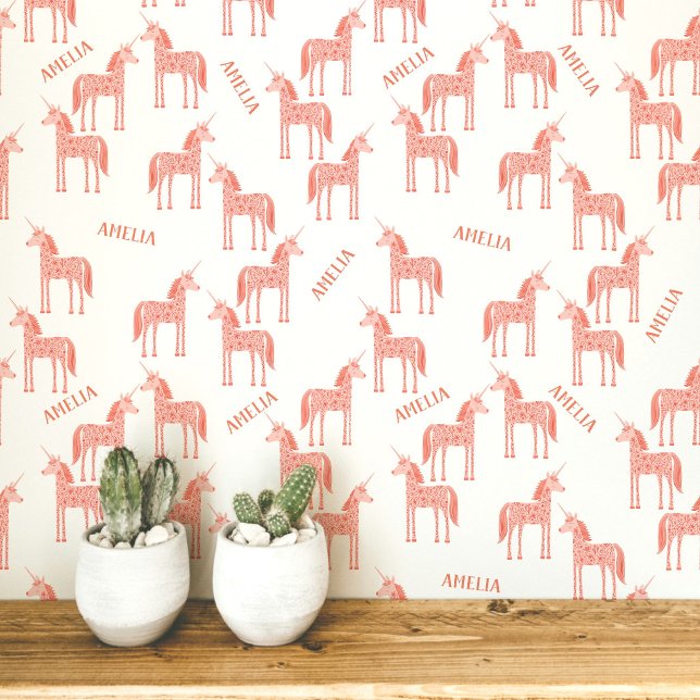 Unicorn Personalisierter Name Rosa Tapete (Personalized custom name pink unicorn peel and stick wallpaper for a nursery, baby or girl’s room)