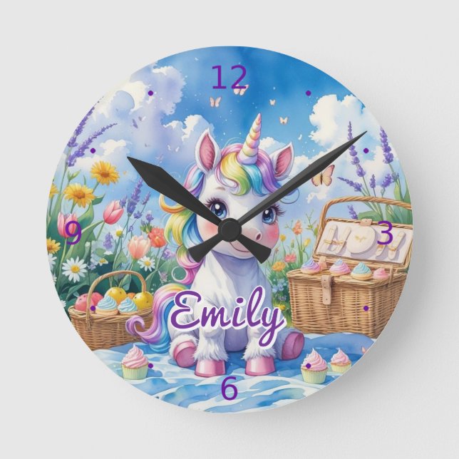 Unicorn Picnic Wall Clock - bearbeitbarer Name Runde Wanduhr (Vorderseite)