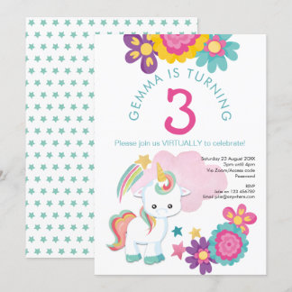 Unicorn Pink Aquamarin Girl 3. Virtuelle Geburtsta Einladung