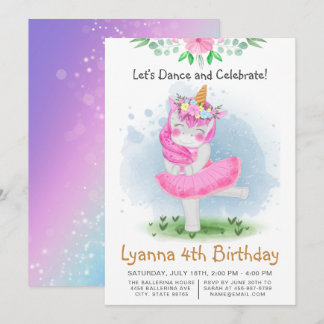 Unicorn Pink Ballerina Aquarell Blumenbäume Geburt Einladung
