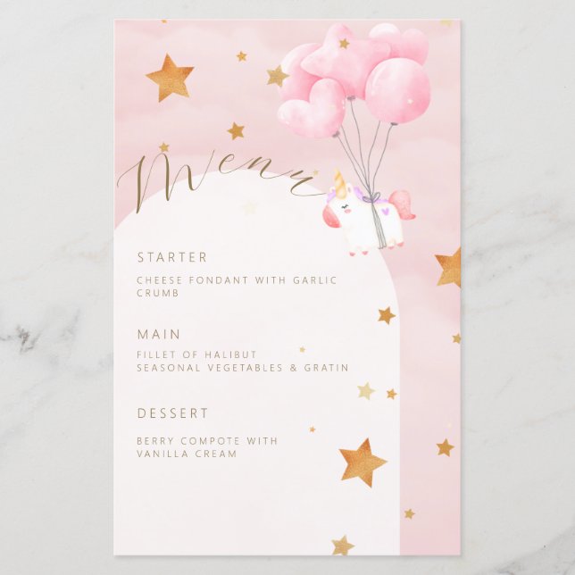 Unicorn Pink Clouds Girl Menu Baby shower (Devant)