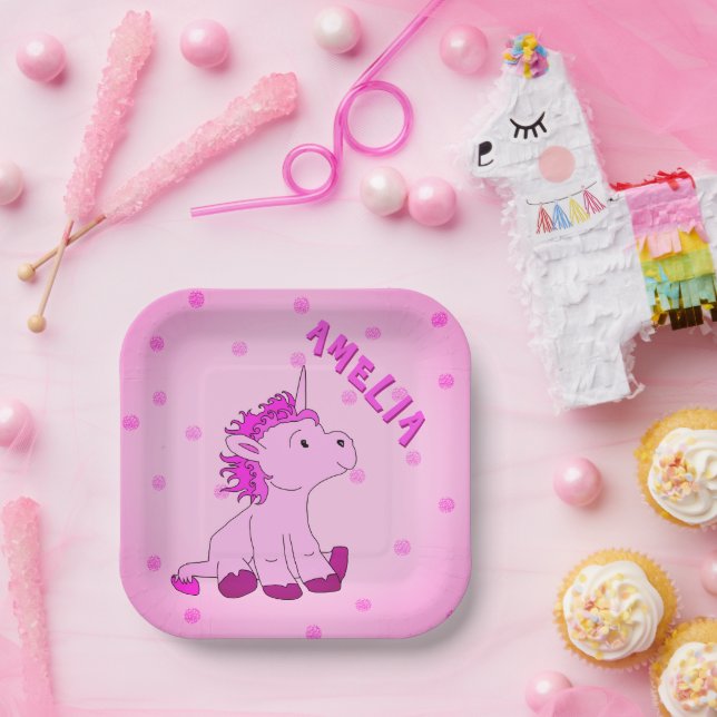 Unicorn Pink Dot Pattern Girl Birthday Pappteller (Party)