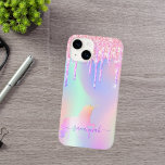 Unicorn pink drips holographic name Case-Mate iPhone 14 hülle<br><div class="desc">A trendy iridescent background with unicorn and rainbow pastel colors in pink, purple, mint green. Decorated with faux glitter drips in pink, purple and a rainbow colored unicorn. Purple colored letters. Personalize and add your name. The name is written with a modern hand lettered style script with swashes. To keep...</div>