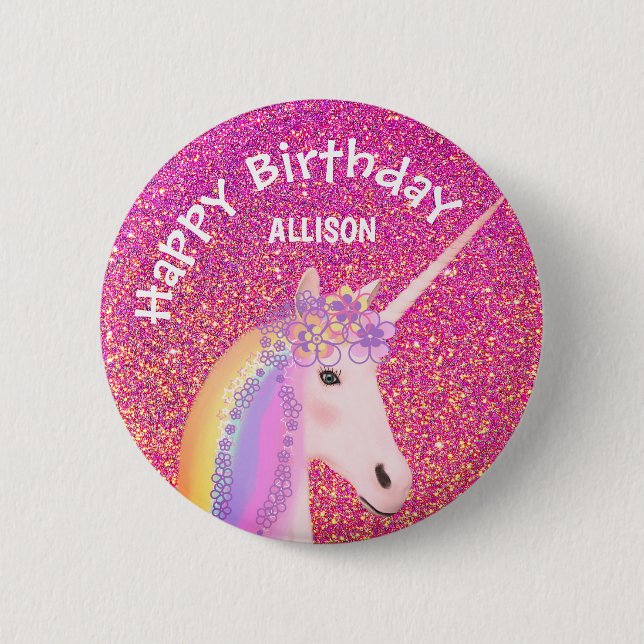 Unicorn Pink Glitter Girls Birthday Personalized Button (Vorderseite)