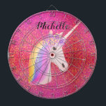 Uniçorn Pink Glitzer Glitzern Fairytale Girly Dartscheibe<br><div class="desc">Uniçorn Pink Glitzer Glitzern Fairytale Girly Dart Board macht ein tolles Spiel und Schlafzimmer Dekoration für ein Mädchen, das Lieben Einhörner. Der Dartbrettboden ist in farbenfrohen, rosa, goldfarbenen Imitaten mit Glitzer Glitzern und ein hübsches, weißes Einhorn ist in der Mitte. Sie hat Regenbogenhaare und Blume. Personalisiert mit dem Namen in...</div>