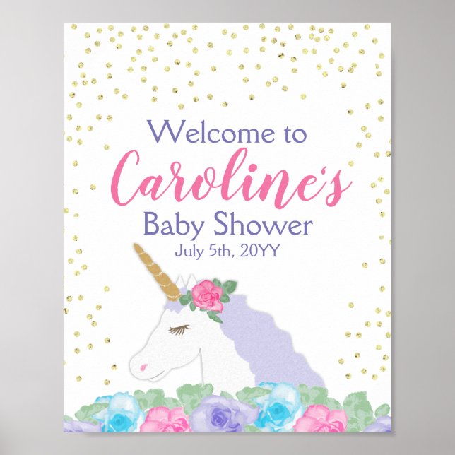 Unicorn Pink & Gold Baby Dusche Willkommen Poster (Vorne)