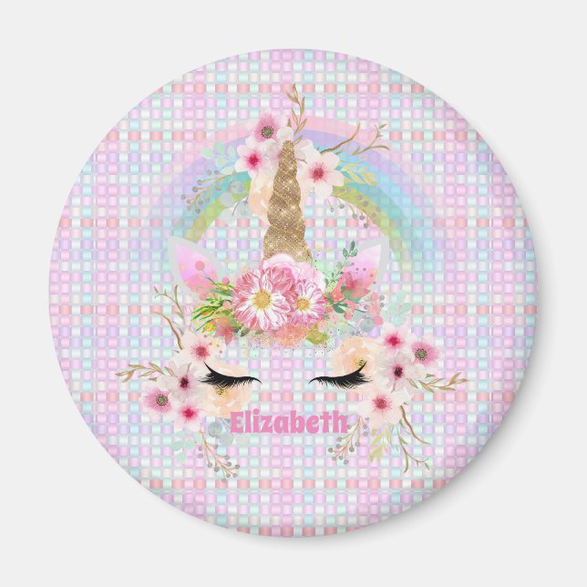 UNICORN Pink Gold Blume Girls Teens Geschenke Magnet (Vorne)