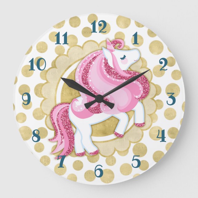 Unicorn Pink Gold Cute Fantasy Große Wanduhr (Vorderseite)