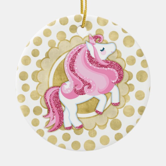 Unicorn Pink Gold Cute Fantasy Keramik Ornament (Vorne)