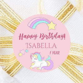 Unicorn pink magical happy birthday girl runder aufkleber